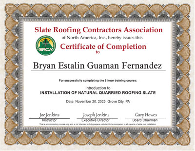 Bryan Estalin Guaman Fernandez Certificate of Completion, Introduction to Slate Roof Installation, November 20, 2025.